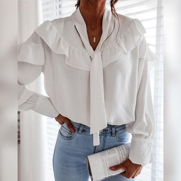 

autumn ruffle lace up collar women's blouse solid long lantern sleeve female blouses 2020 new fashion elegant office lady 1, White