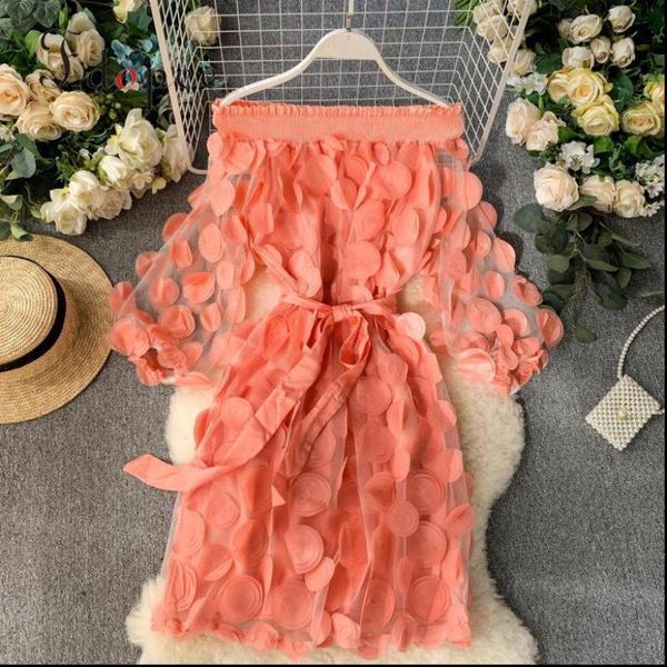 

dress women fashion dimensional flower bubble sleeve three quarter closing waist slash neck elegant dress solid color vestidos, Black;gray