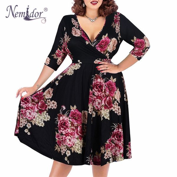 

nemidor women v-neck short sleeve 50s party a-line dress vintage stretchy midi plus size 7xl 8xl 9xl cocktail swing dress y200102, White;black