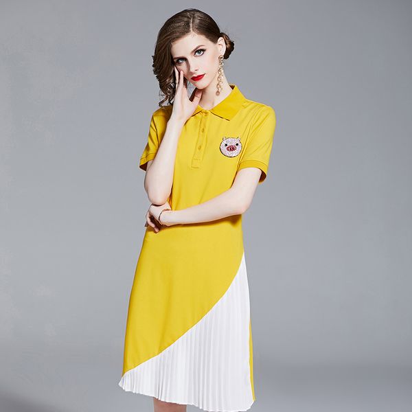

Polo Shirt Collar Short Sleeve Women Dress Fashion Black White Patchwork Cartoon Pleated Dresses Female Party Mid-Length Clothes