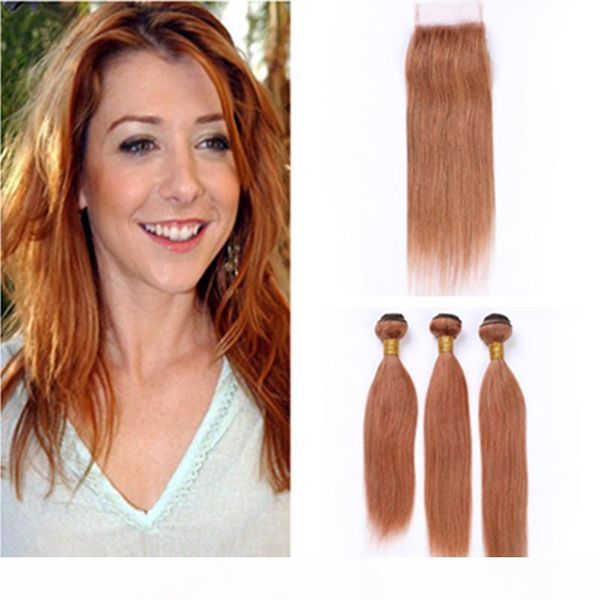 

#30 medium auburn human hair bundles with closure brazilian straight auburn color virgin hair lace closure 4x4" with weave bundles, Black;brown