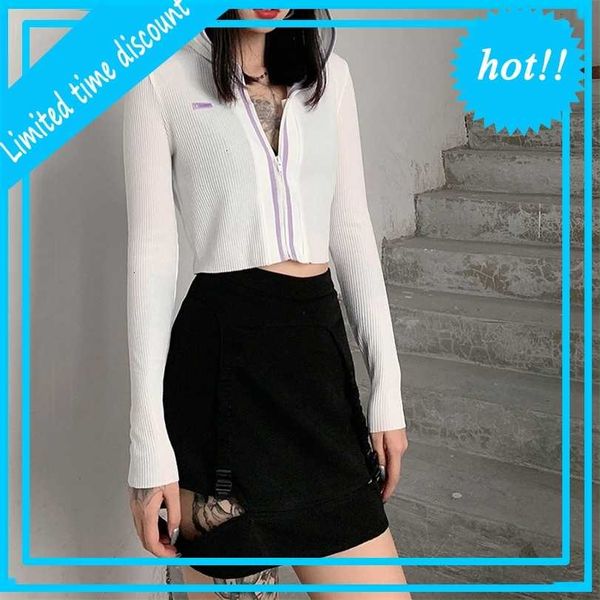 

women's clothing autumn and winter 2021 new fashion label long sleeve hooded cardigan short jacket, White