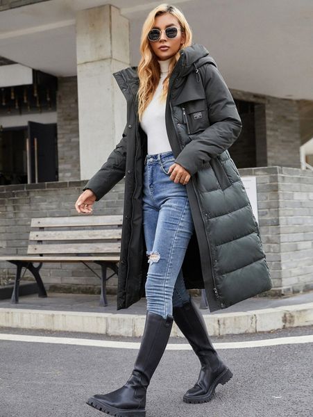 

gasman patch pocket belted hooded winter coat 81tz#, Black