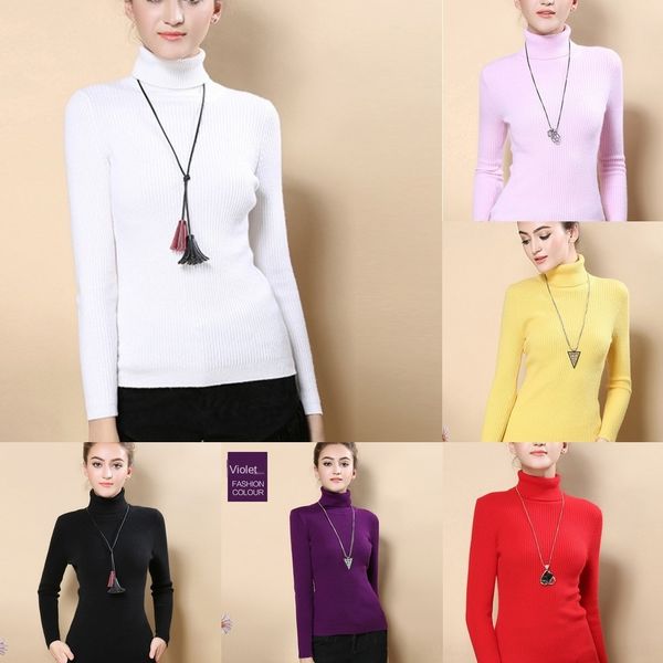 

vkxpw новой зима 2020 женщин высокого пуловер тонкого штуцера свитер дна рубашка твердых шеи сплошного цвет пригородный пуловер вязать свите, White;black