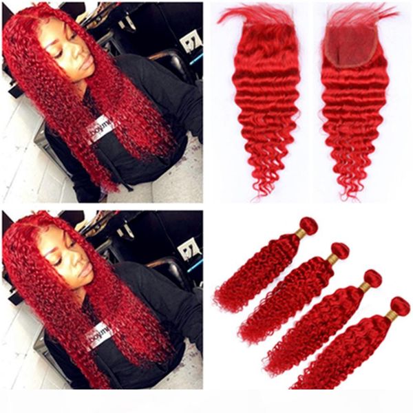 

peruvian bright red human hair 4bundles deep wave with closure 5pcs lot wavy pure red human hair weave wefts with 4x4 lace closure, Black;brown