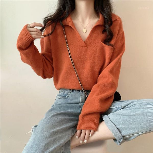 

2020 women woolen pullover korean style loose long-sleeved pullover woolen sweater solid casual knit sweater v-neck jumper1, White;black