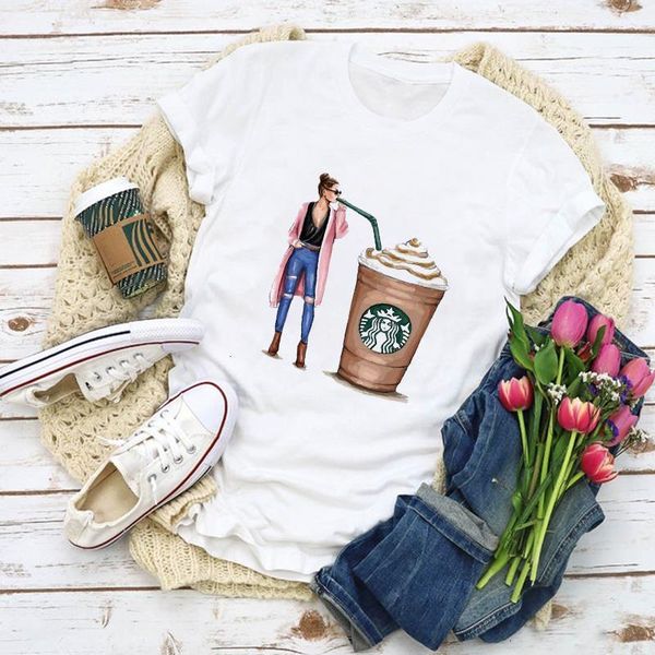 

women summer short sleeve cartoon floral flower and coffee print fashion lady t-shirts female t shirt ladies clothes, White