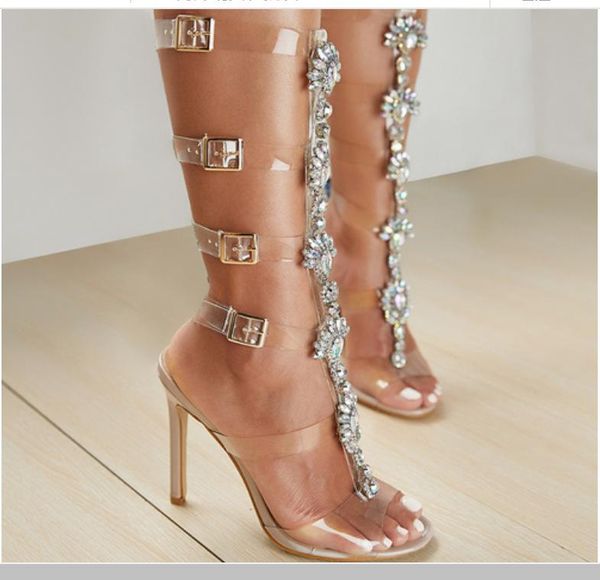 

summer women's crystal rhinestone bohemia sandals boots buckle strap open peep toe high heels sandals pvc transparent shoes, Black