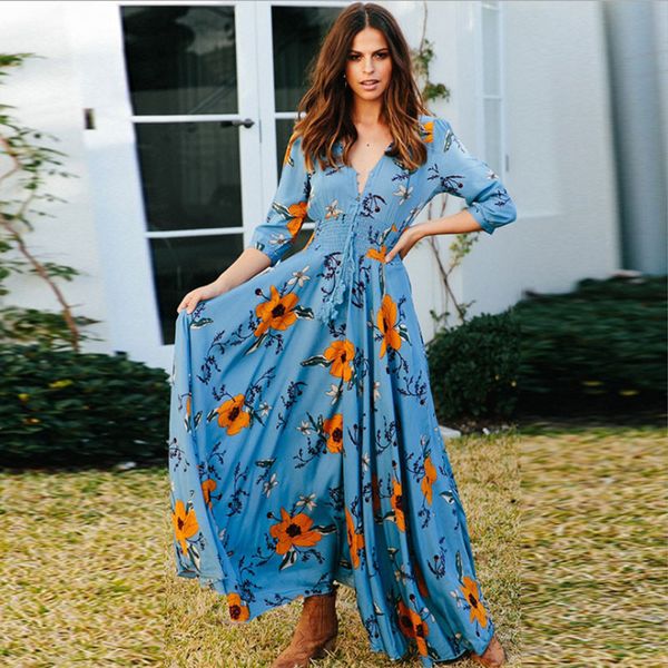 

casual dresses 2021 summer bohemian printing long dress women maxi floral print retro hippie vestidos chic bottons v neck boho, Black;gray