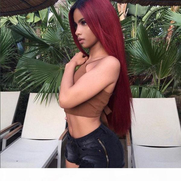 

1b 99j two tone ombre full lace human hair wigs brazilian straight middle part lace front wig glueless ombre full lace wigs, Black;brown