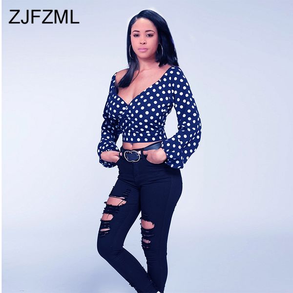 

polka dot deep v neck cropped for women long lantern sleeve slim harajuku t shirt fashion autumn backless tee shirt femme, White