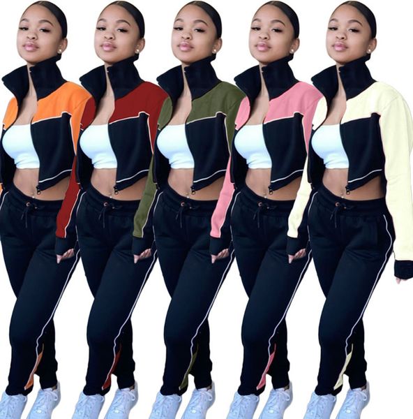 

женщины tracksuit 2 piece set моды строчка контраст высокий воротник свитера брюки костюм дамы повседневный длинным рукавом брюки sportwear, Gray