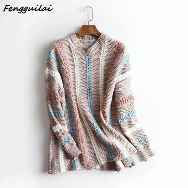 

knitted pullovers women 2020 new winter autumn o-neck stripped long sleeved stella filante loose jumper knitwear thin sweater1, White;black