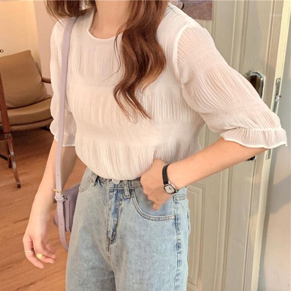 

korean pleated chiffon blouse women vintage chic short sleeve shirts women blouses and blusas mujer vetement femme1, White