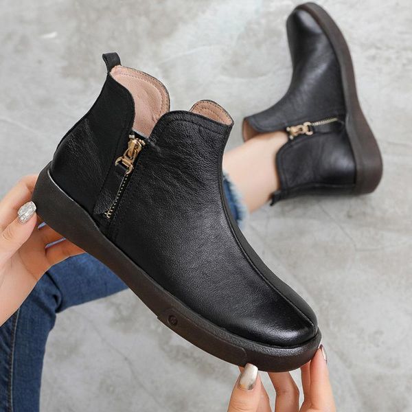 

calf skin single lining autumn and winter plush warm boots women's cattle tendon bottom retro middle-aged and old boots, Black