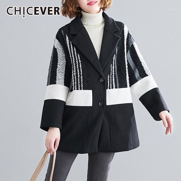 

chicever korean hit color wool jacket women lapel collar long sleeve plus size loose coat female 2020 new autumn fashion clothes1, Black