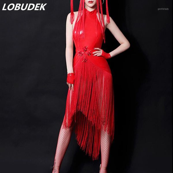 

stage wear female singer clothes red pu leather bodysuit tassel skirt outfit nightclub party show leading dancer performance costume1, Black;red