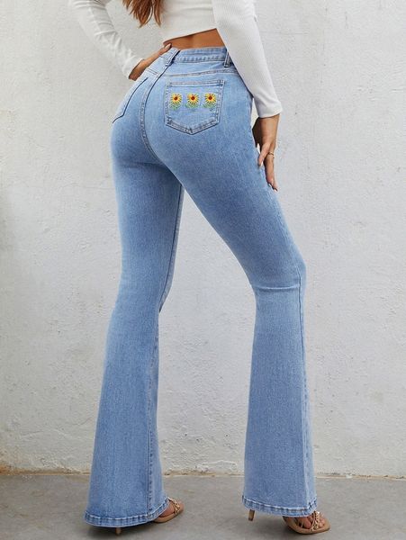 

high waisted floral embroidered flare leg jeans w7ww#, Blue