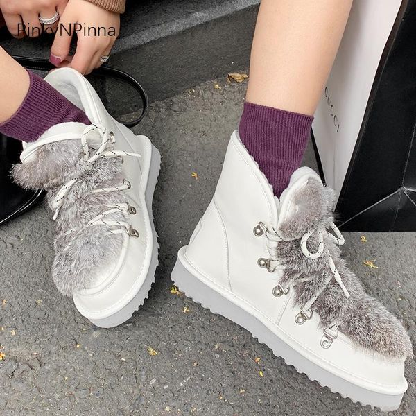 

luxury winter women genuine leather fur flat ankle boots real wool lining warm cute snow short booties plus size shoes, Black