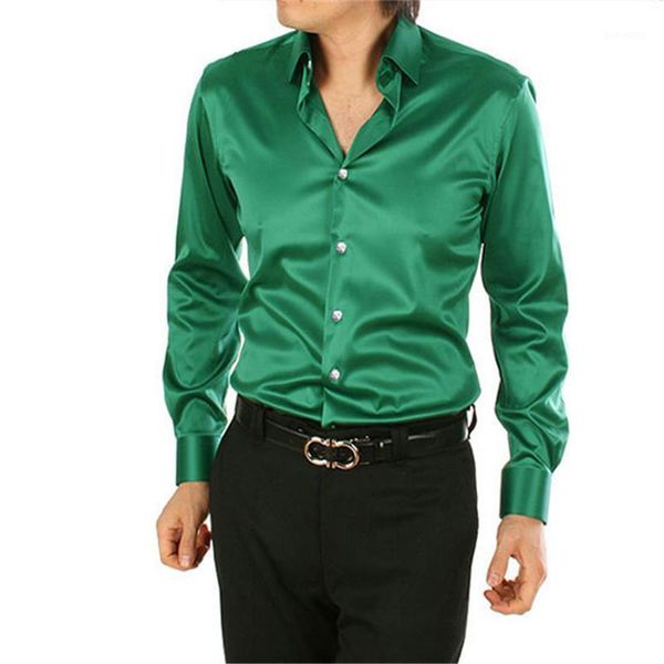 

fashion shiny silky satin dress shirt luxury silk like long sleeve mens casual shirts performance stage wear1, White;black