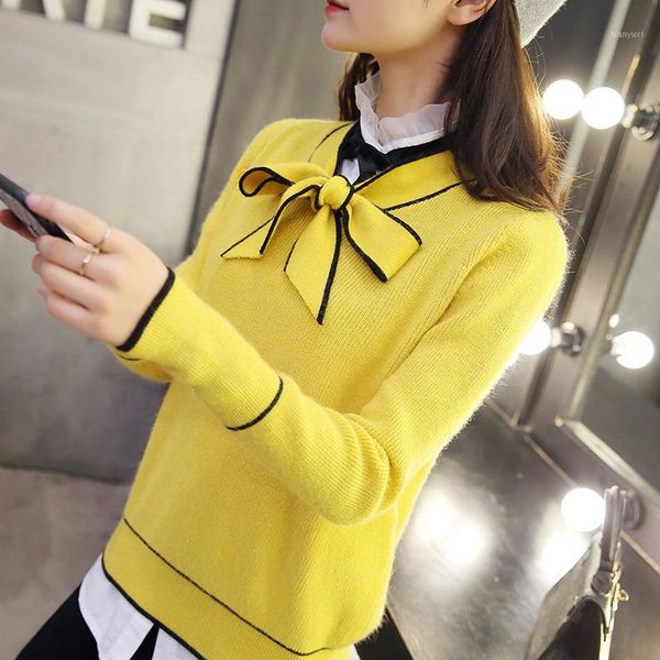 

ohclothing zch 2019 new women's spring bow sweater female two korean loose shirt pieces of bright silk knitted shirt1, White;black