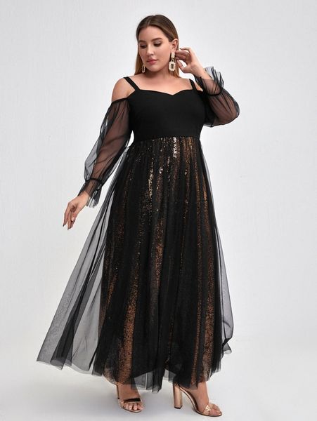 

plus contrast sequins cold shoulder flounce cuff mesh prom dress 69it#, Black