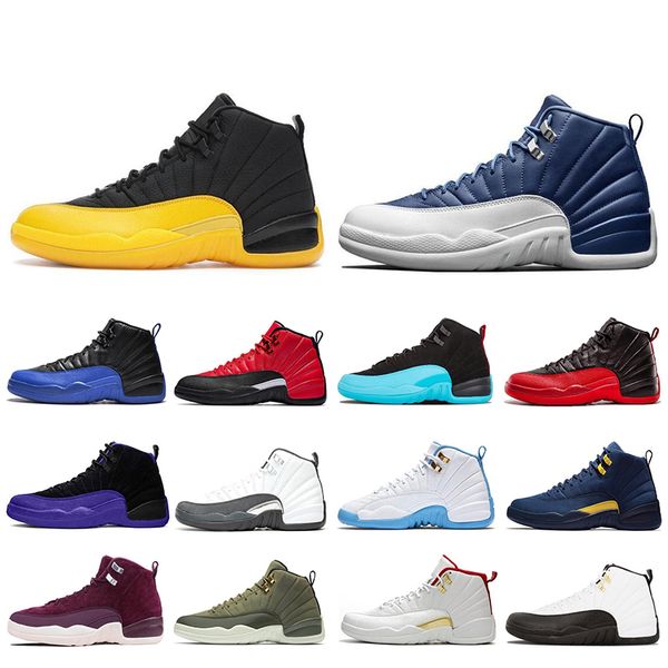

new 12 12s mens basketball shoes jumpman indigo university gold reserve flu game game royal dark grey men outdoor sport sneakers size 7-13, White;red