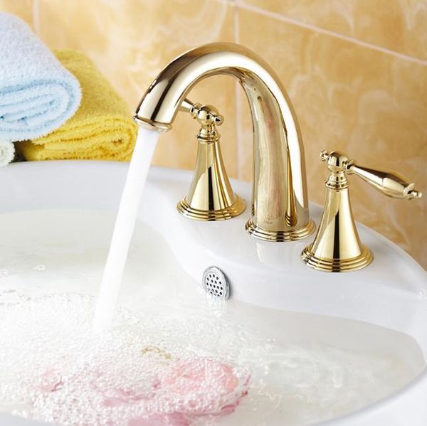 

becola бесплатная доставка 3pc горячий и холодный кран золотой цвет ванной кран двойной держатель три отверстия бассейна крана латунный кран