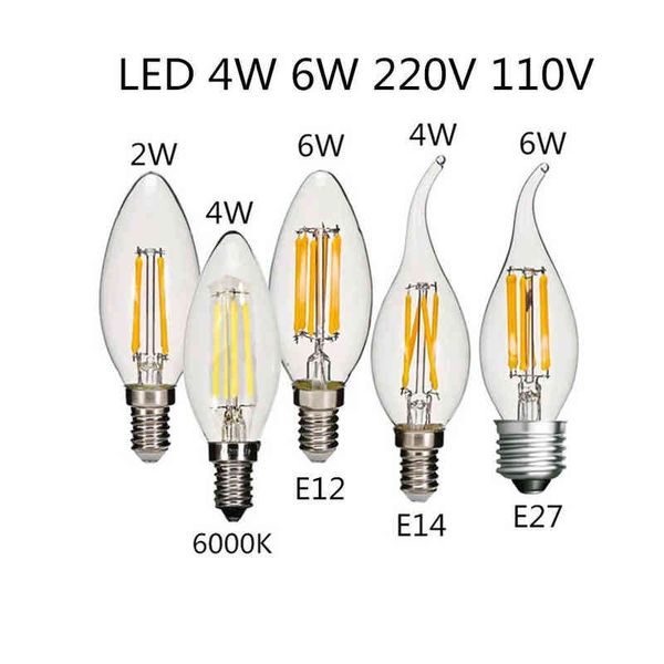 10 adet LED Ampul C35 E14 E12 E27 220 V 110 V Dim 2 W 4 W 6 W Tasarım Enerji Tasarrufu Mum Sıcak Beyaz Filament Işık 360 Derece Lamba H1222