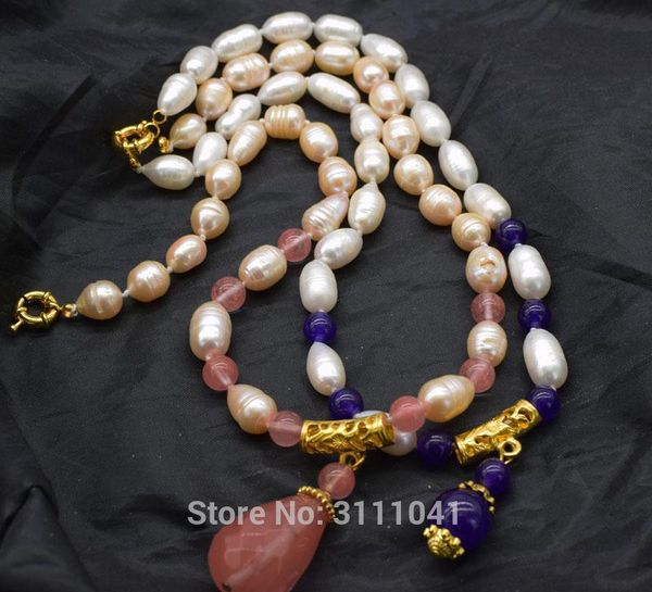 

freshwater pearl white/pink rice and watermelon quartz drop necklace 18inch wholesale beads nature fppj woman gift xmas gift, Silver