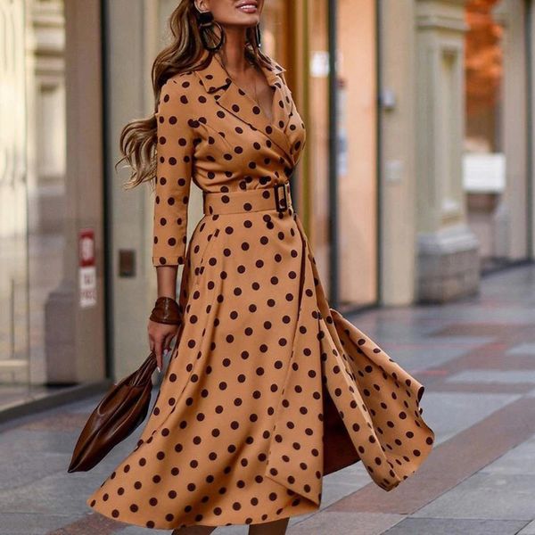 

2021 spring casual ladies polka dots boho midi elegant party turn down neck dress with long sleeves and 11mh, Black;gray