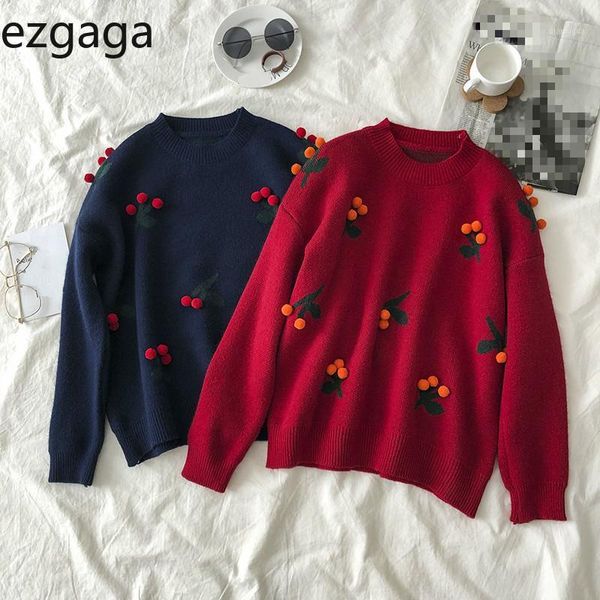 

ezgaga red cherry sweater women sweet 2020 winter new thick warm outwear o-neck embroidery pullover loose fashion jumper1, White;black