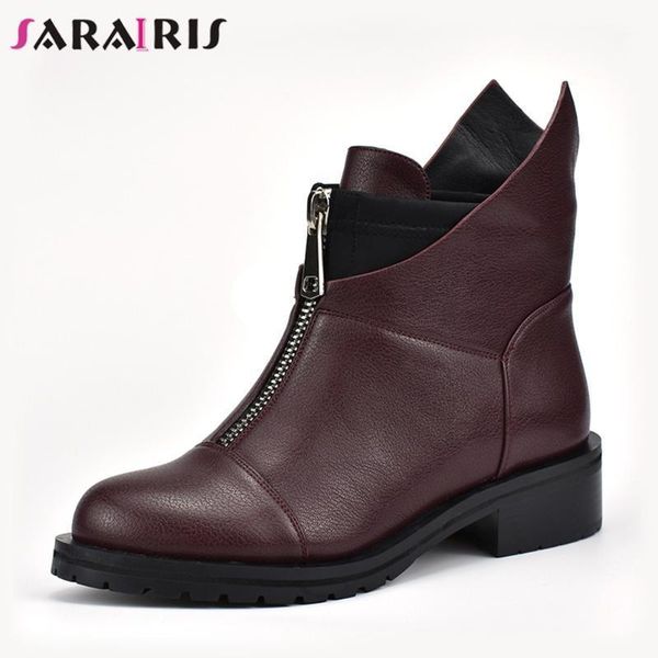 

boots sarairis fashion solid wide med heels round toe shoes woman casual women's winter warm ankle black big size 34-421
