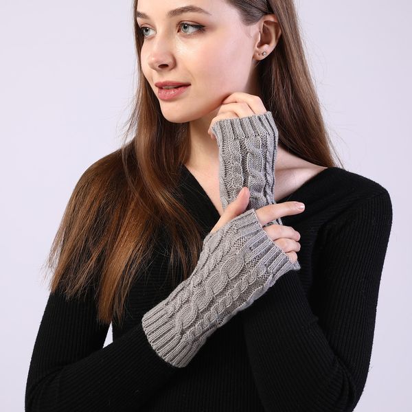 

women knitted glove autumn spring hemp pattern short open finger knitting wool gloves warm half finger arm sleeve, Blue;gray