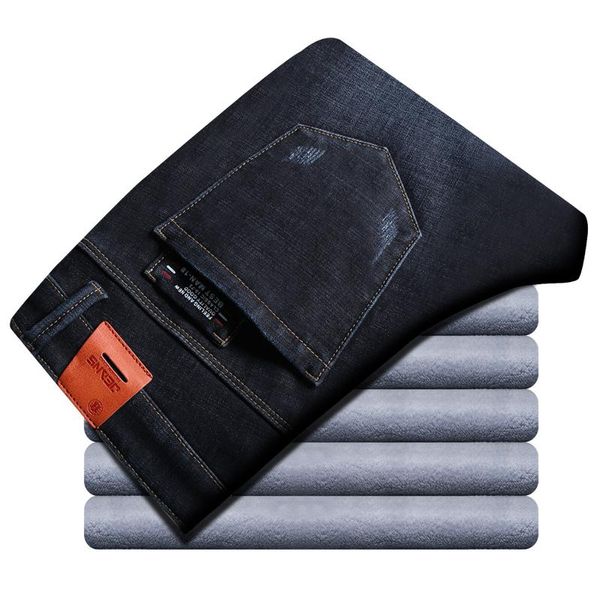 

winter thick plus velvet men middle waist skinny jeans simple fleece warm slim fit stretch boy casual denim pencil pants, Blue