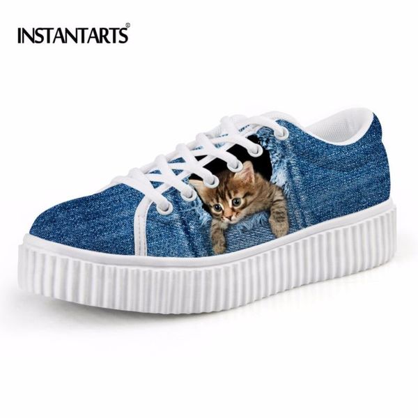 

instantarts fashion women denim flat shoes female lace-up platform shoes ladies cute pet cat dog printed flats zapatos mejur, Black