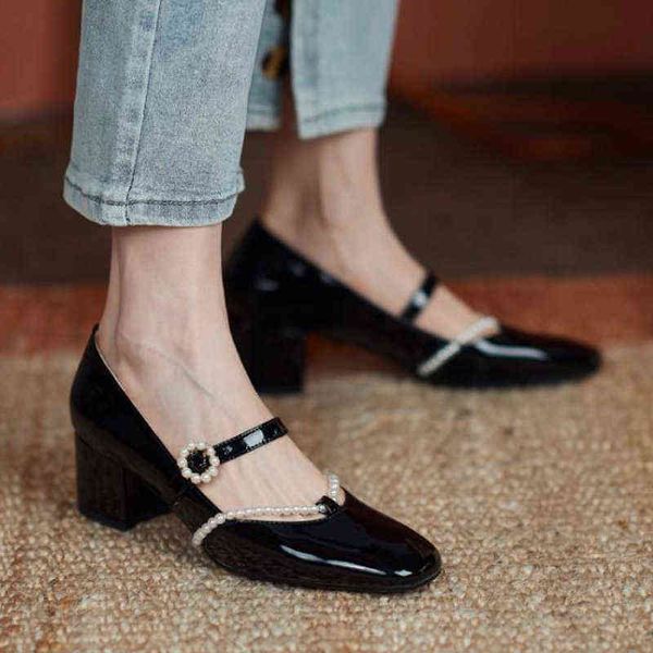 

dress shoes spring women string bead mary janes patent leather pearl buckle strap mid heel ladies 8908n 220309, Black