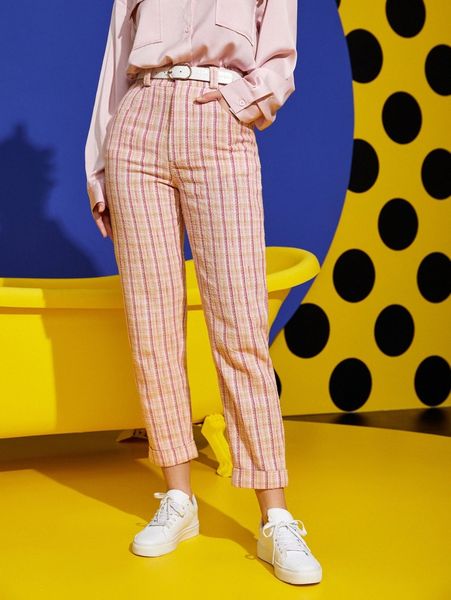 

x fabriano alicia high waist plaid tweed pants without belt d9pl#, Black;white