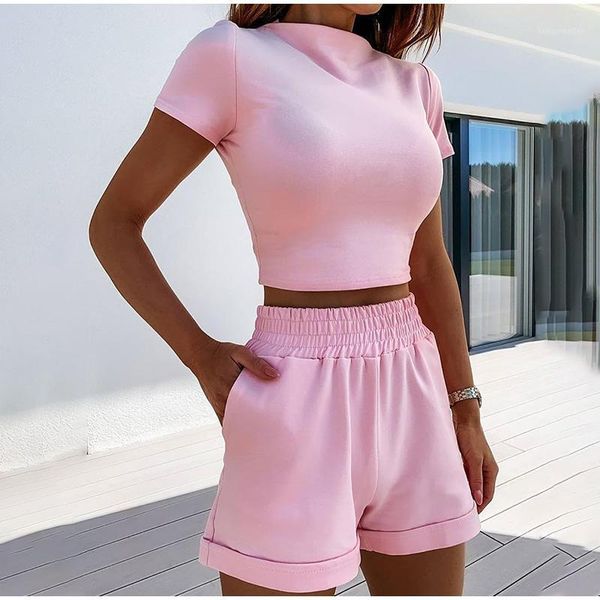 

solid women 2 piece set summer short sleeve female sport tracksuit 2020 new skinny crop elastic shorts matching sets1, White