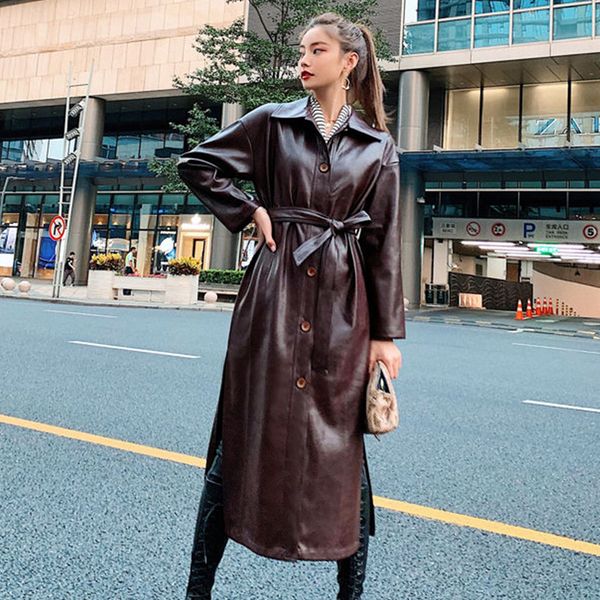 

2021 new women faux leather jacket female long coat single breasted with belt fashion vintage streetwear ss5f, Black