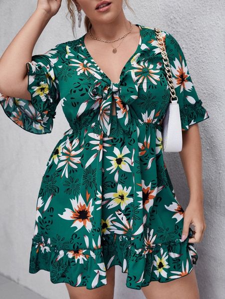 

plus floral tie front flounce sleeve ruffle hem dress 31pg#, Black