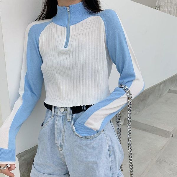 

girls autumn casual zipper turtleneck knitted full sleeve cropped sweaters pullovers woman patchwork chic crop female1, White;black
