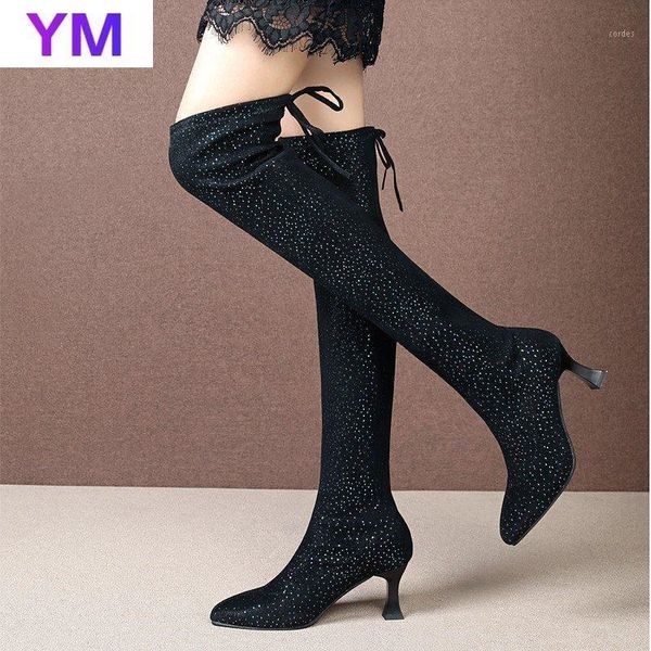 

2020 new autumn winter women sequined stretch cloth over the knee boots thin high heels shoes ladies thigh high boots botas1, Black