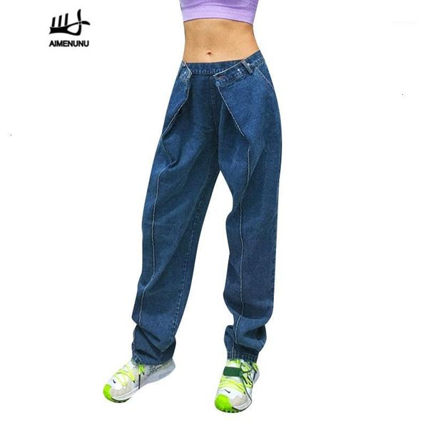 

aimenunu denim women's trousers high waist pocket wide leg jeans female 2019 autumn streetwear large size fashion new1, Blue