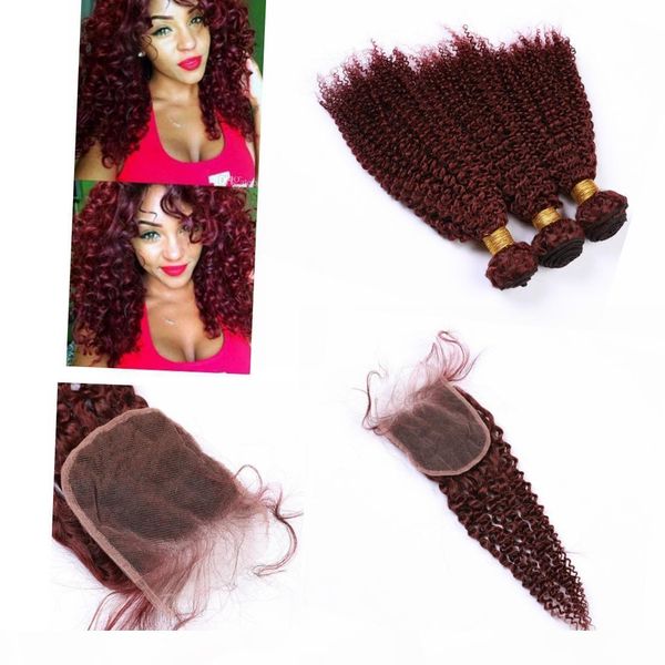 

kinky curly malaysian bundles with closure 4" * 4" 3 bundles red weave hair human bundles #99j color, Black;brown