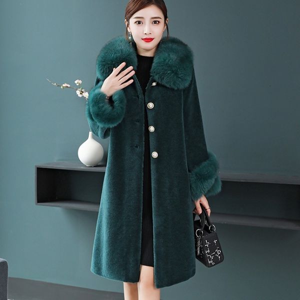 

2021 chenille female coat new fine fit fox fleece leather noble warm thickening vih6, Black
