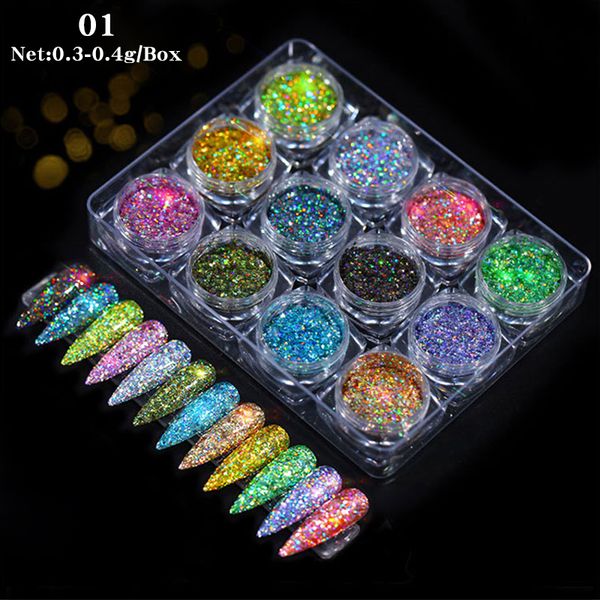 

nail glitter 12pcs rose gold holographics powder shiny sparkles art sequins pigment flakes dust 3d decorations tips, Silver;gold