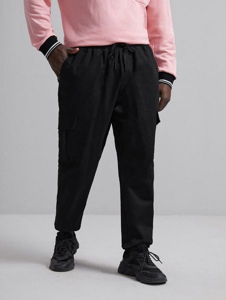 

extended sizes men slant pocket drawstring pants 52hd#, Black
