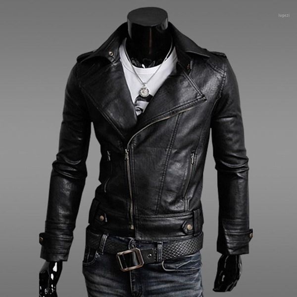 

men's fashion motorcycle pu leather jacket spring and autumn new solid color black brown men's stand collar leather slim men 2xl1