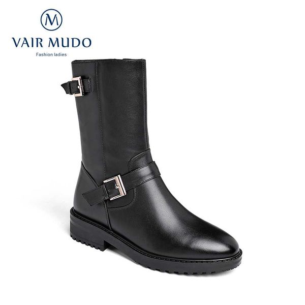 

vair mudo женщины осень зима женщины середины икры сапоги черные коровы кожаные ботинки подкладка короткие плюшевые пряжка обувь леди сапоги, Black